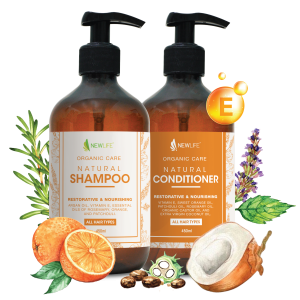 A bottle of shampoo and a bottle of conditioner